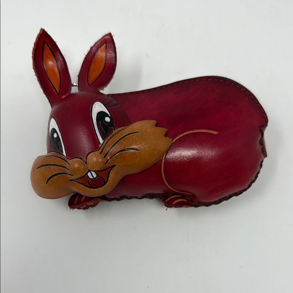 Leather Red and Brown Rabbit Clutch Pouch w/ Zipper Closure